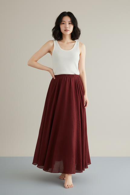 Jupe Longue Bordeaux Lin Fluide Décontractée