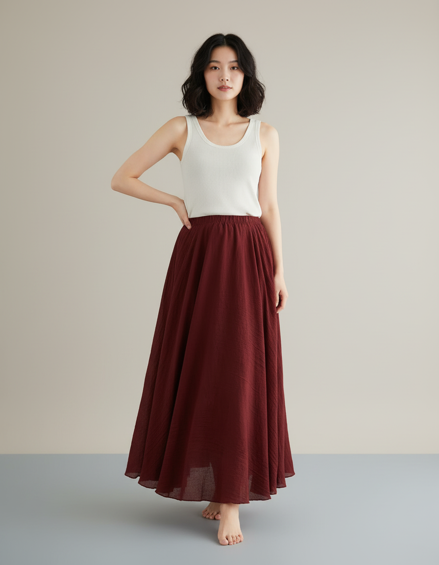 Jupe Longue Bordeaux Lin Fluide Décontractée