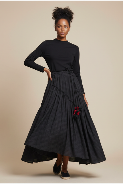 Jupe Longue Bohème Anthracite À Carreaux