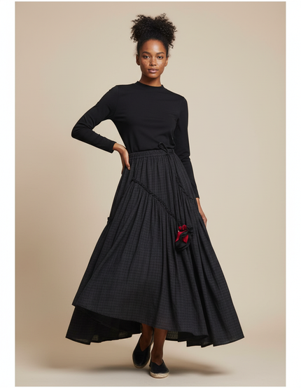 Jupe Longue Bohème Anthracite À Carreaux