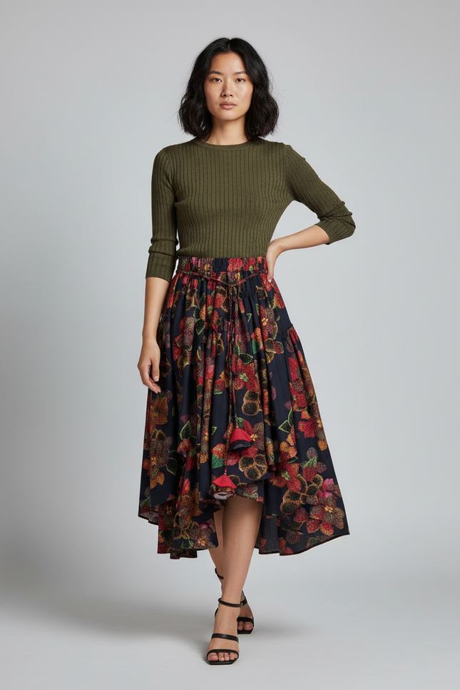 Jupe Longue Motif Floral Irrégulière Bohème Tendance