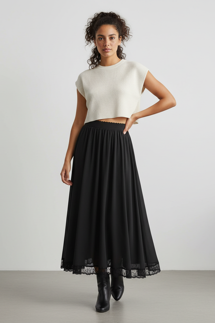 Jupe Longue Noire Dentelle Fluide
