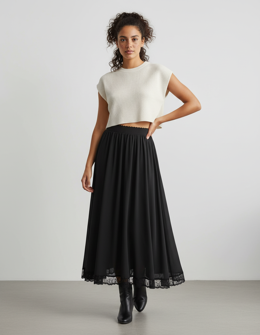 Jupe Longue Noire Dentelle Fluide