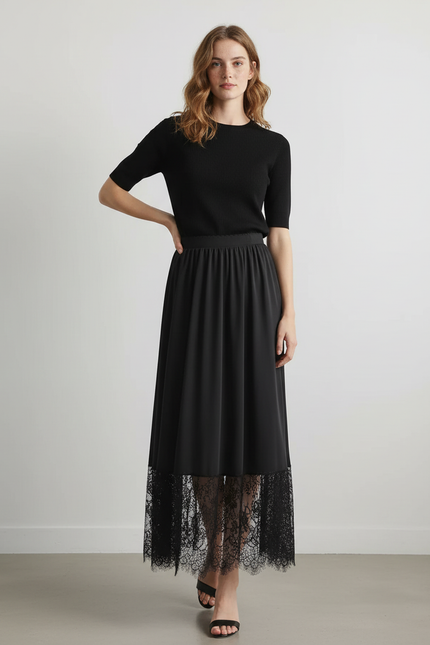 Jupe Longue Noire Dentelle Élégante Bohème