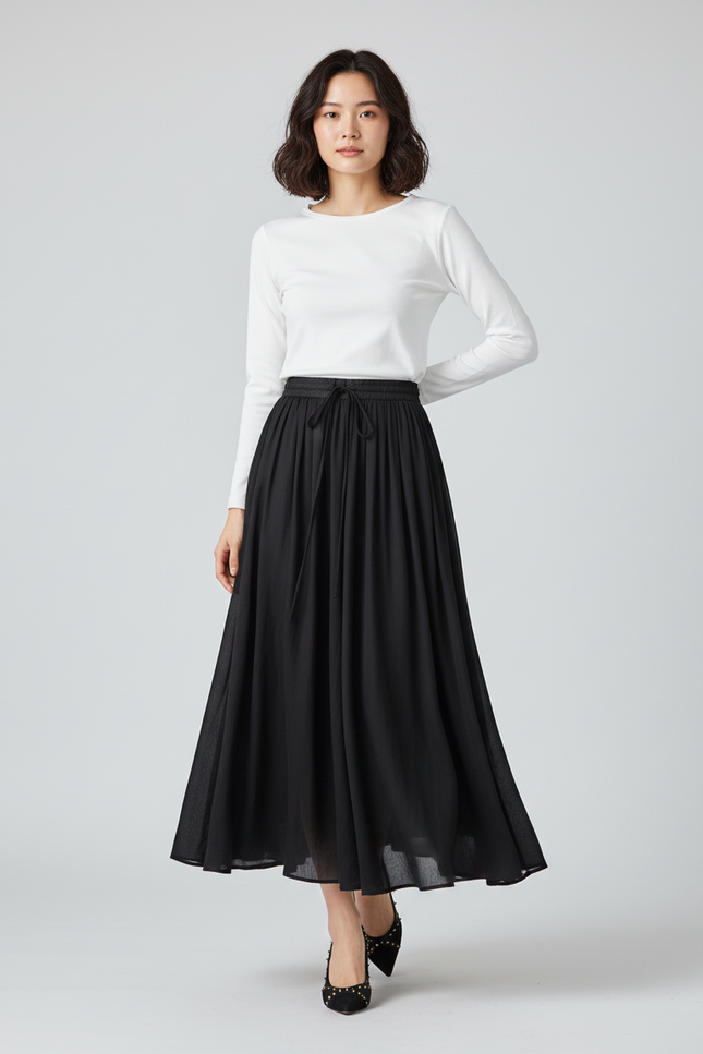 Jupe Longue Noire Fluide Décontractée Mode