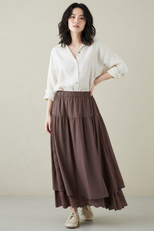 Jupe Longue Marron Dentelle Fluide