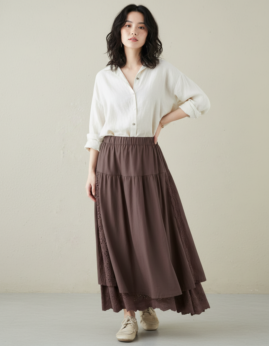 Jupe Longue Marron Dentelle Fluide