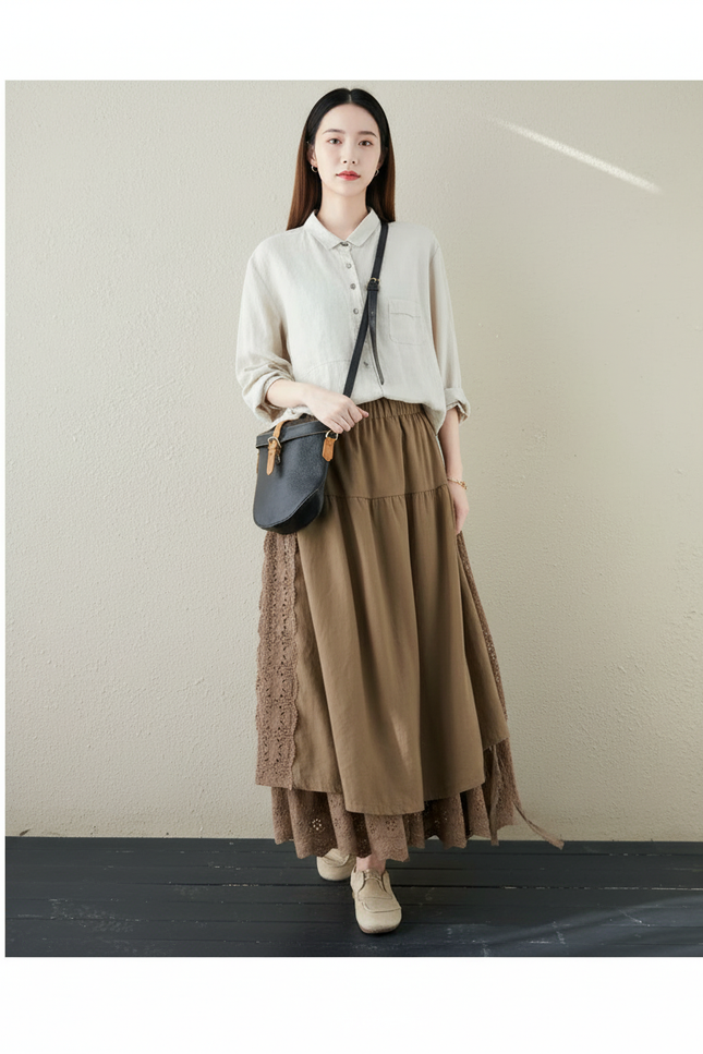 Jupe Longue Double Couche Dentelle Fluide