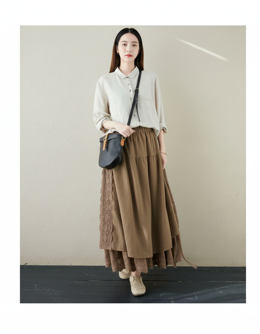 Jupe Longue Double Couche Dentelle Fluide