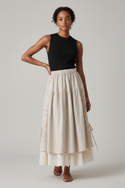 Jupe Longue Beige Dentelle Bohème