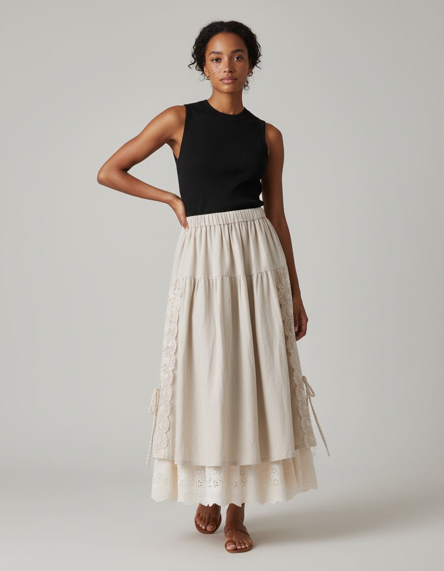 Jupe Longue Beige Dentelle Bohème