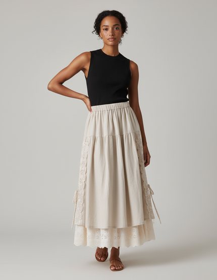 Jupe Longue Beige Dentelle Bohème
