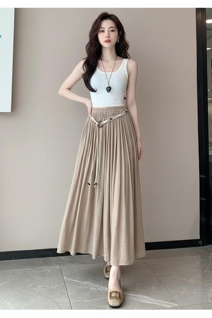 Jupe Longue Lin Kaki Fluide