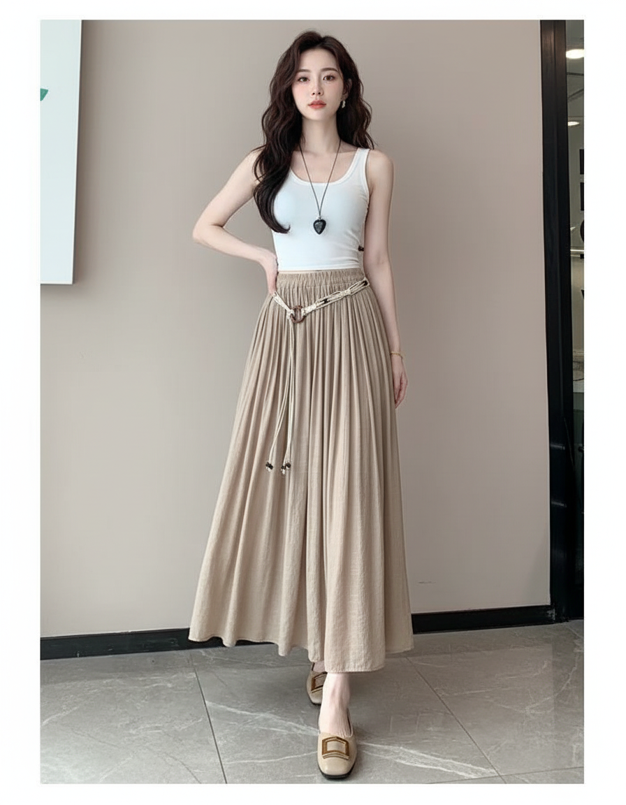 Jupe Longue Lin Kaki Fluide