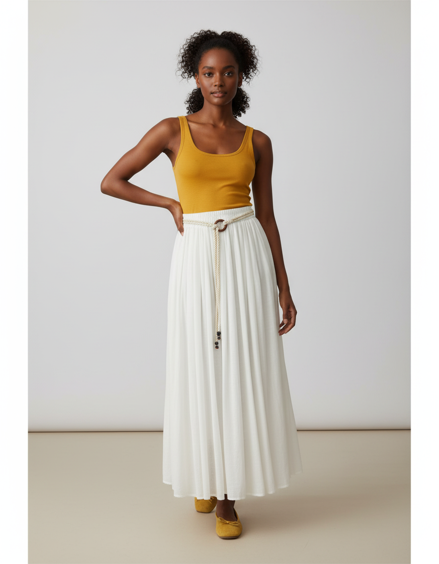 Jupe Longue Blanche Plissée Bohème Été