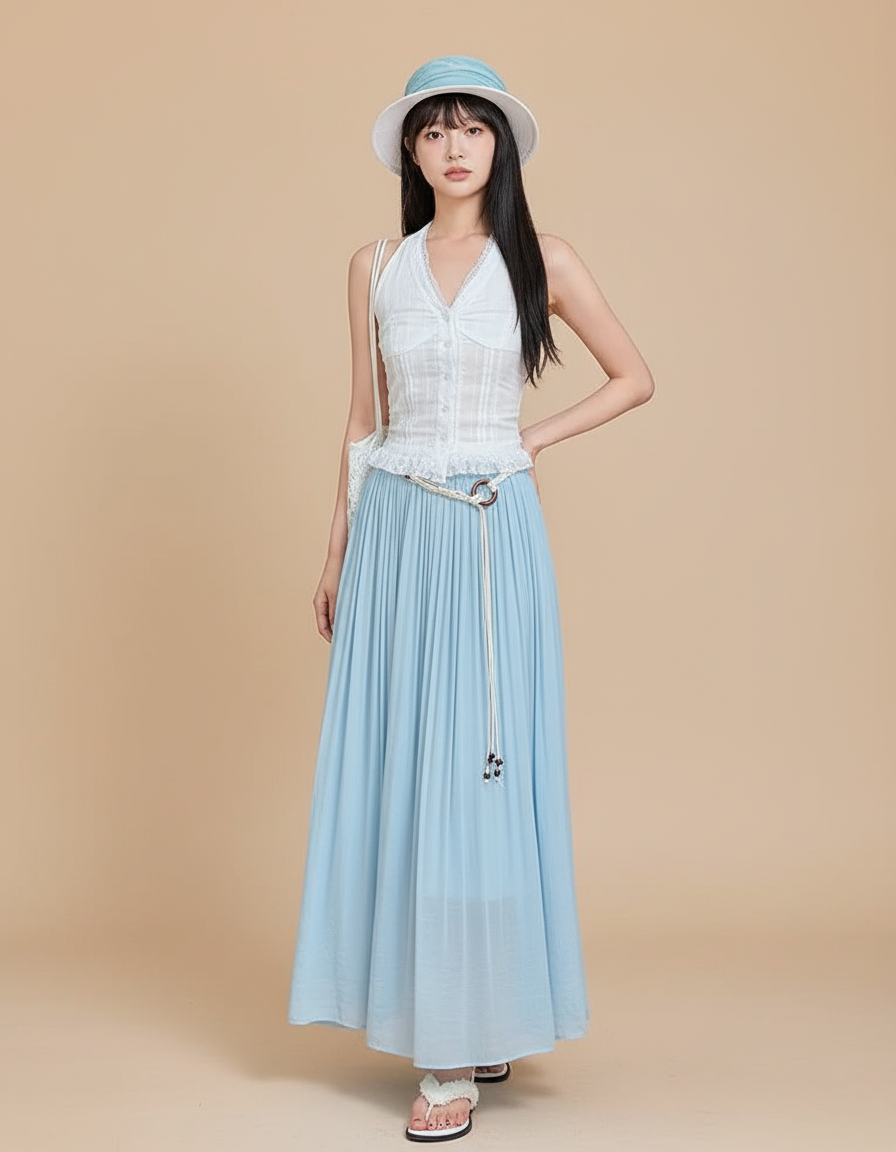 Jupe Longue Bleue Ciel Plissée