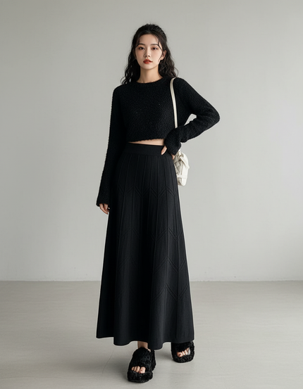 Jupe Longue Noire Tricotée Texturée Chic