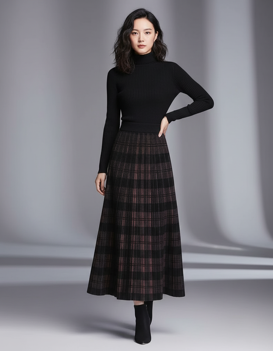 Jupe Longue Maille Carreaux Élégante