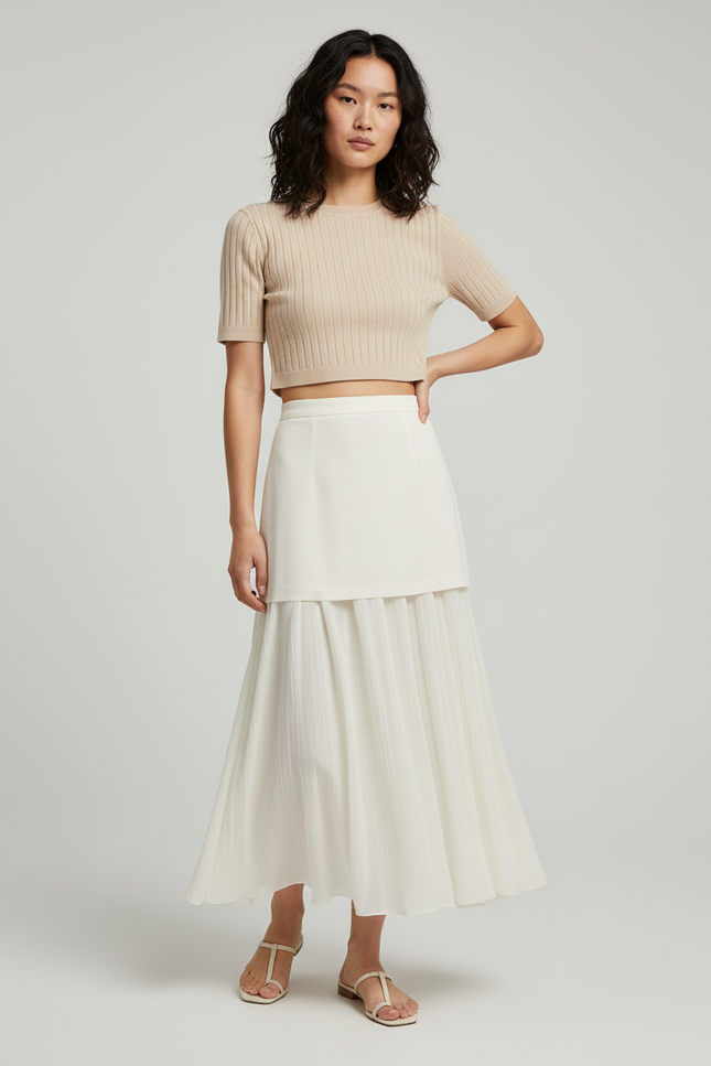 Jupe Longue Crème Plissée Élégante Mode