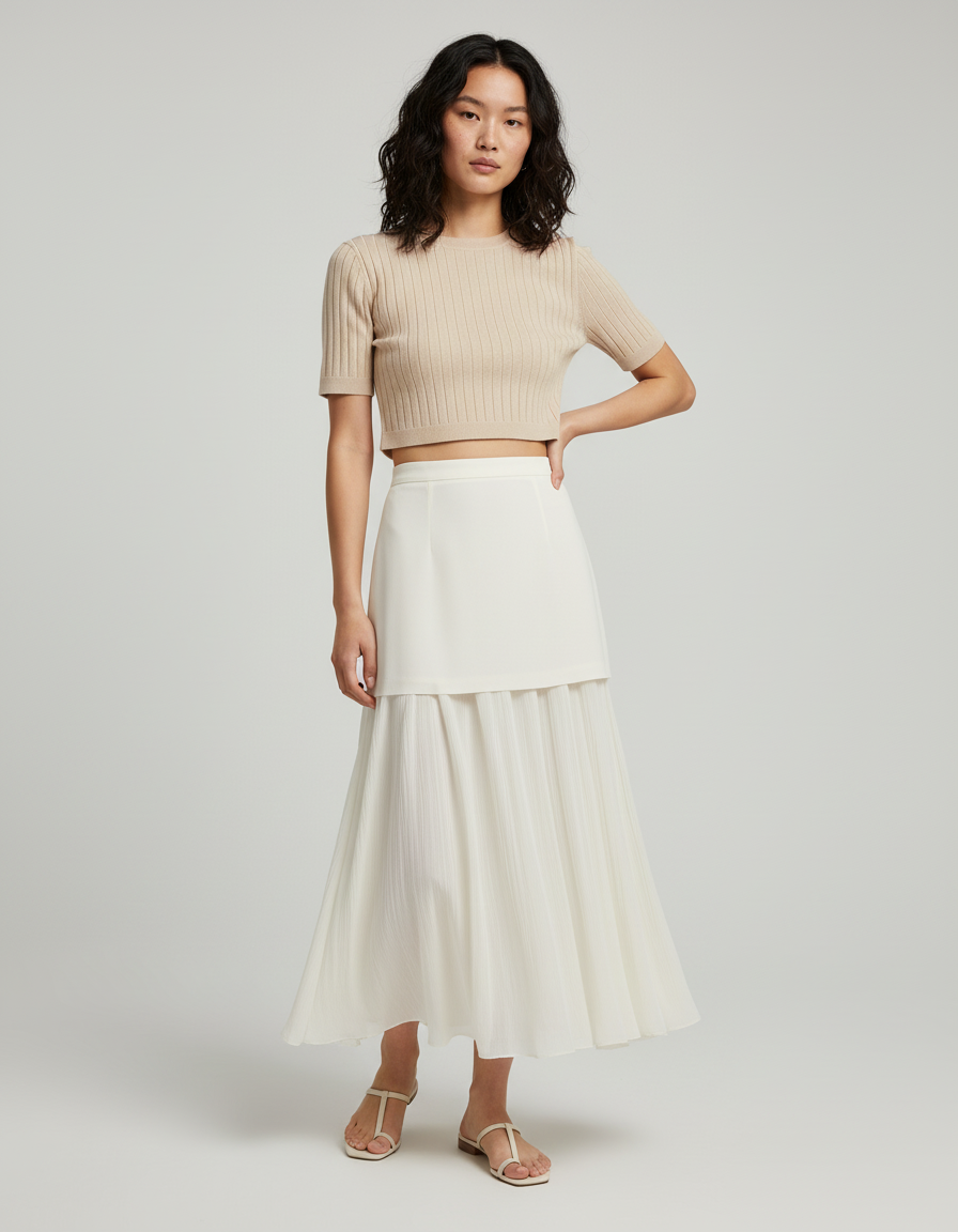 Jupe Longue Crème Plissée Élégante Mode