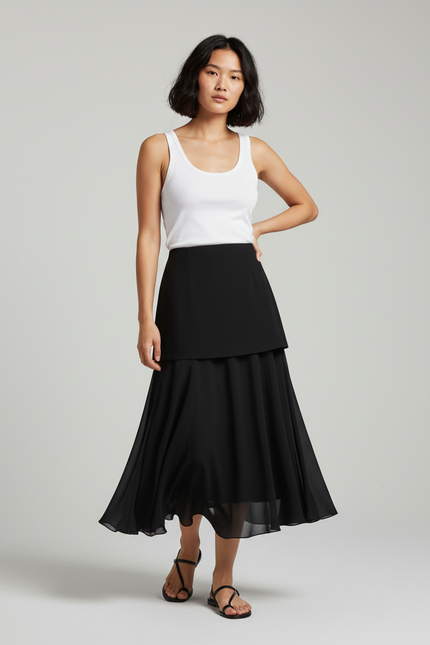 Jupe Longue Noire Superposée Élégante Femme