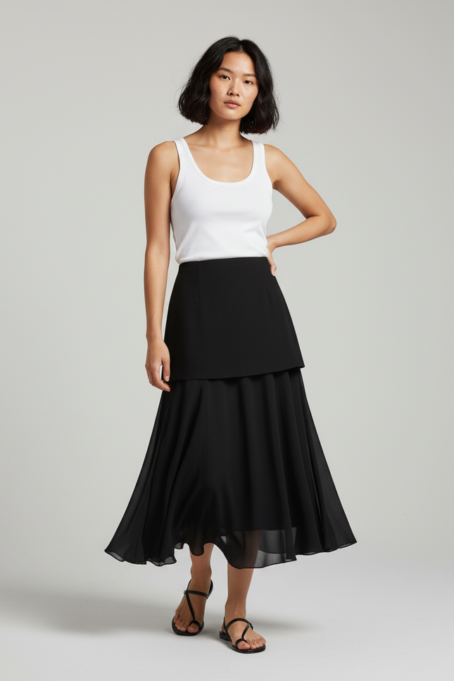 Jupe Longue Noire Superposée Élégante Femme