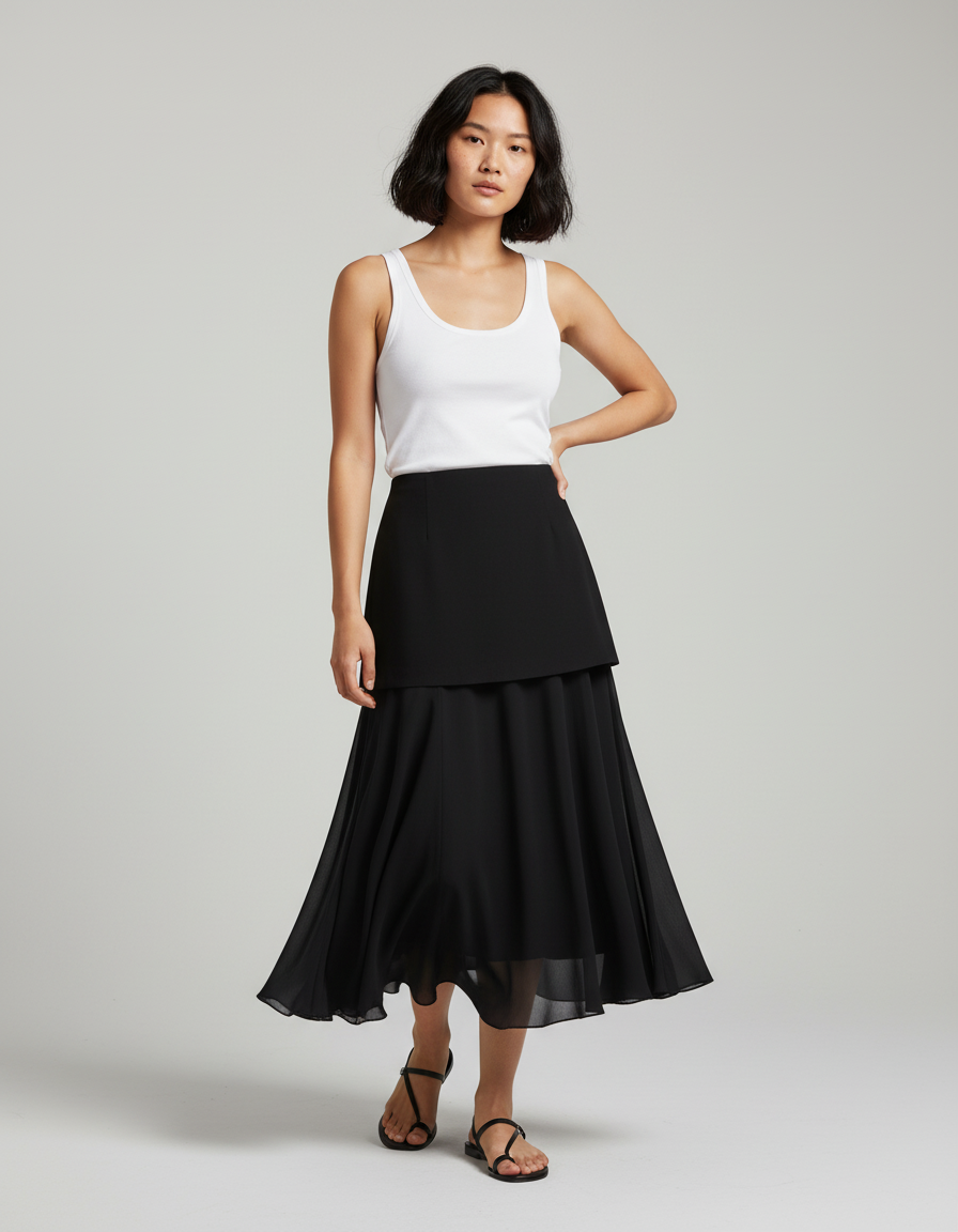 Jupe Longue Noire Superposée Élégante Femme
