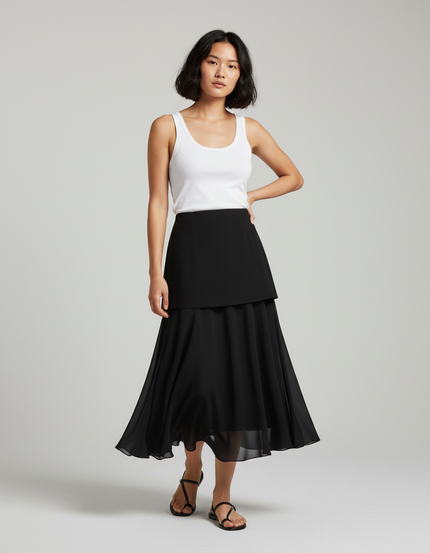 Jupe Longue Noire Superposée Élégante Femme