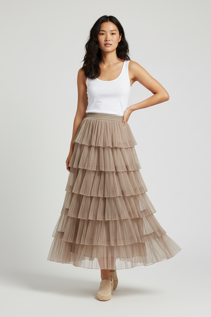 Jupe Longue Plissée Tulle Élégante Femme