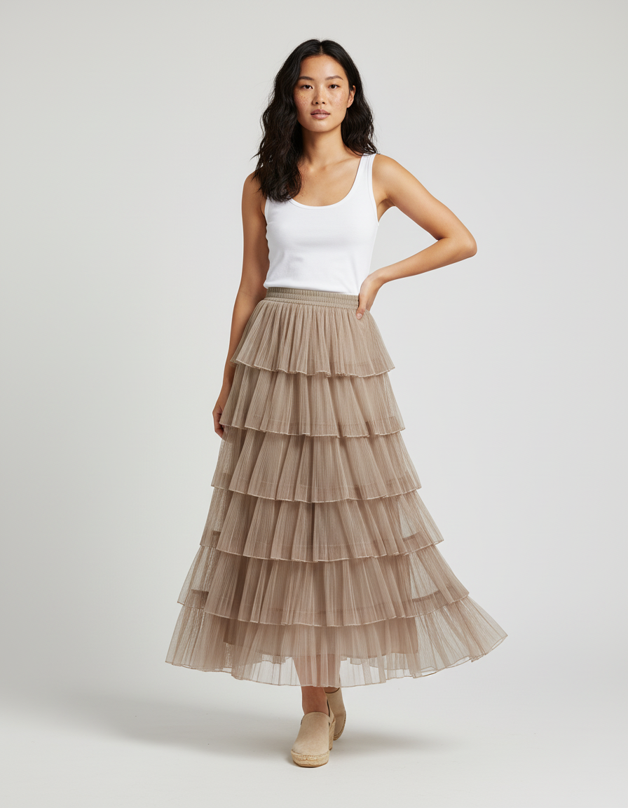 Jupe Longue Plissée Tulle Élégante Femme