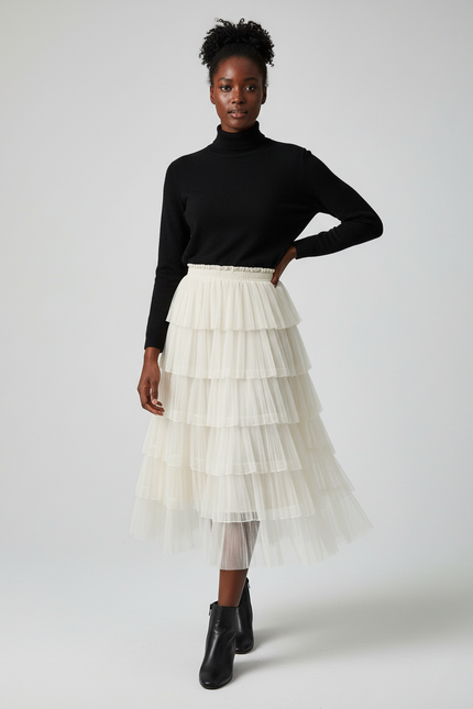 Jupe Longue Crème Étagée Élégante