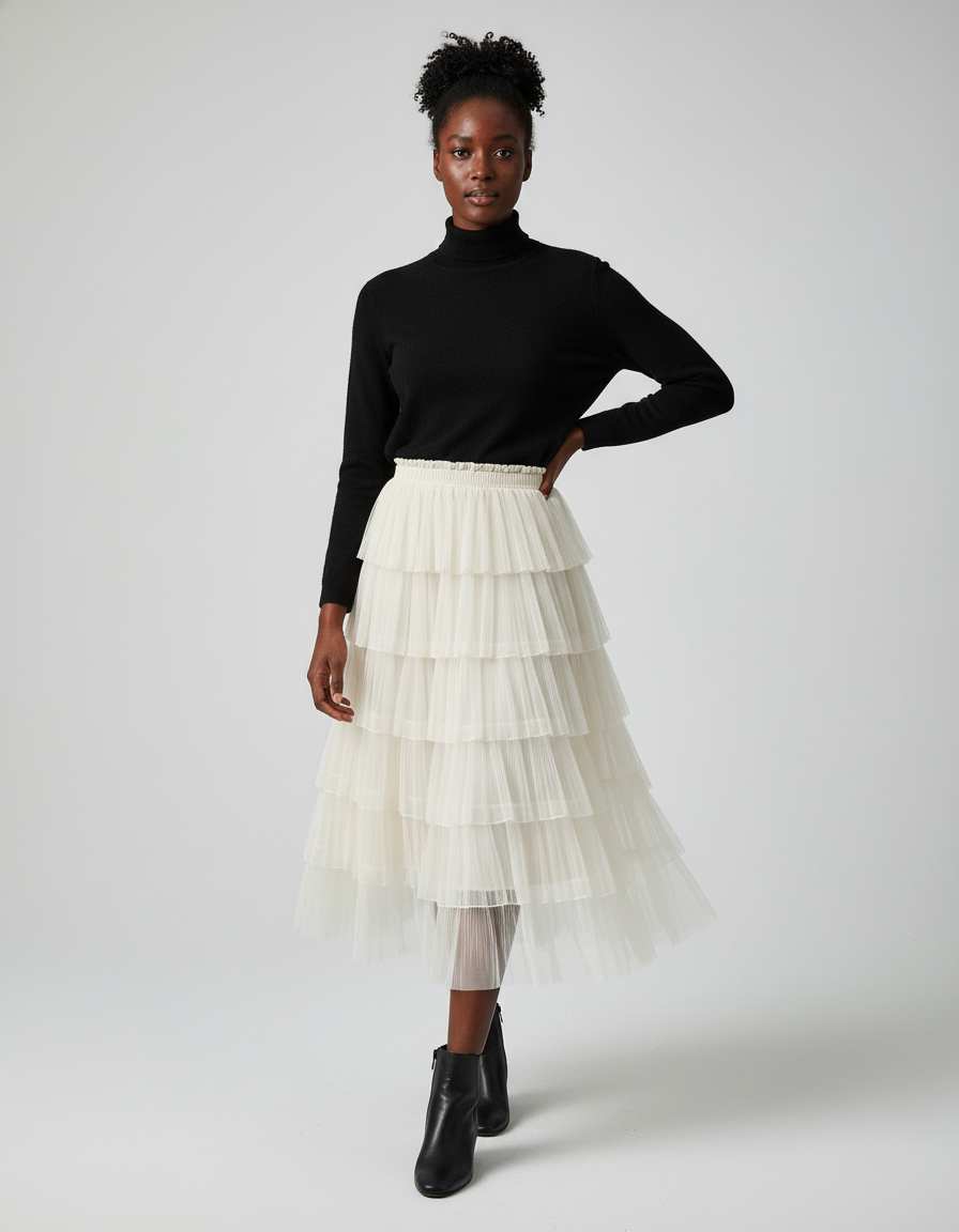 Jupe Longue Crème Étagée Élégante