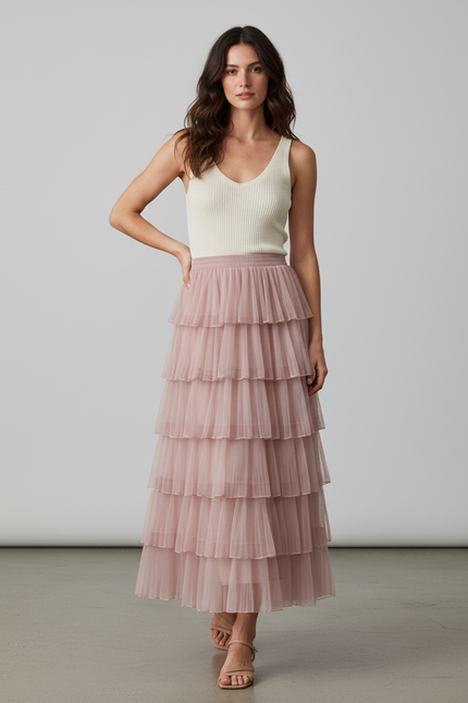 Jupe Longue Rose Pâle Plissée Élégante Chic