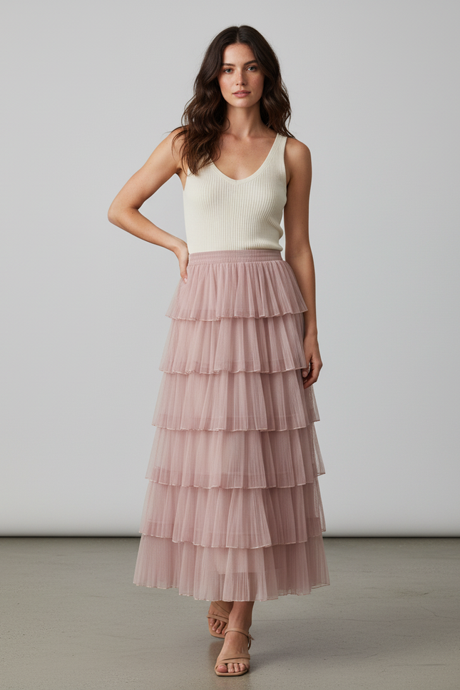 Jupe Longue Rose Pâle Plissée Élégante Chic
