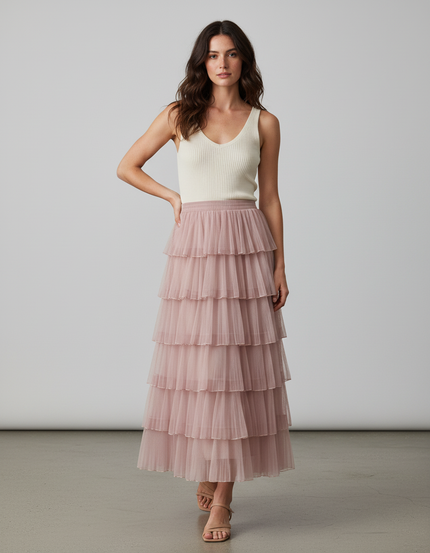 Jupe Longue Rose Pâle Plissée Élégante Chic