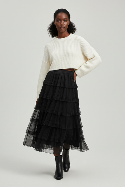 Jupe Longue Noire Plissée Élégante Mode Femme