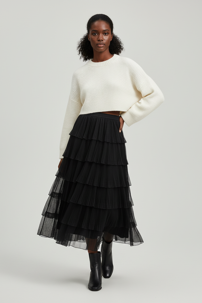 Jupe Longue Noire Plissée Élégante Mode Femme