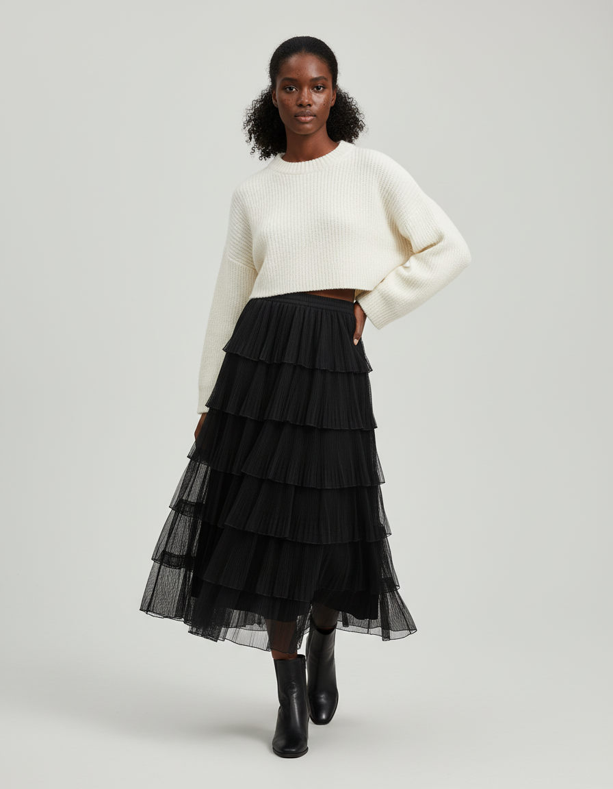 Jupe Longue Noire Plissée Élégante Mode Femme