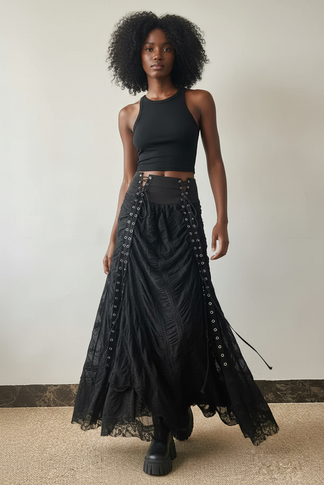 Jupe Longue Noire Dentelle Chic Élégante