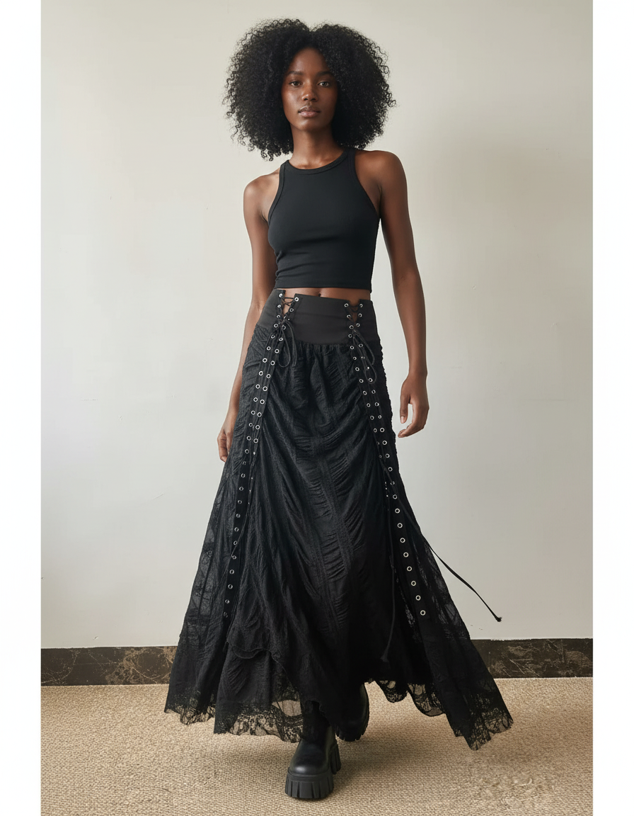 Jupe Longue Noire Dentelle Chic Élégante