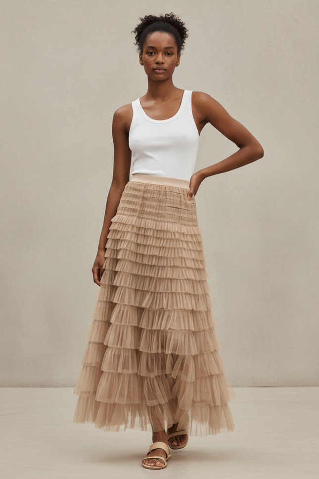 Jupe Longue Beige Tulle Superposée Élégante