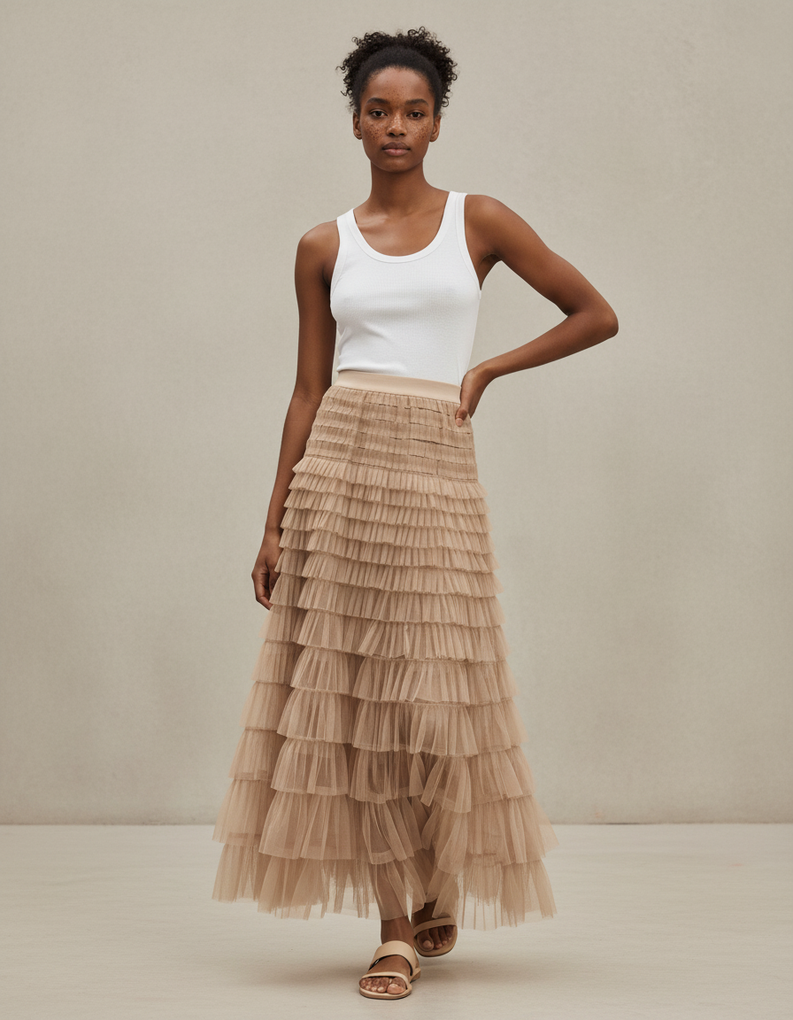 Jupe Longue Beige Tulle Superposée Élégante