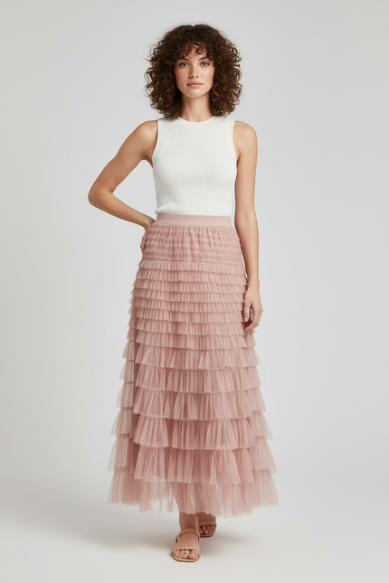 Jupe Longue Rose Poudré Volants Élégante