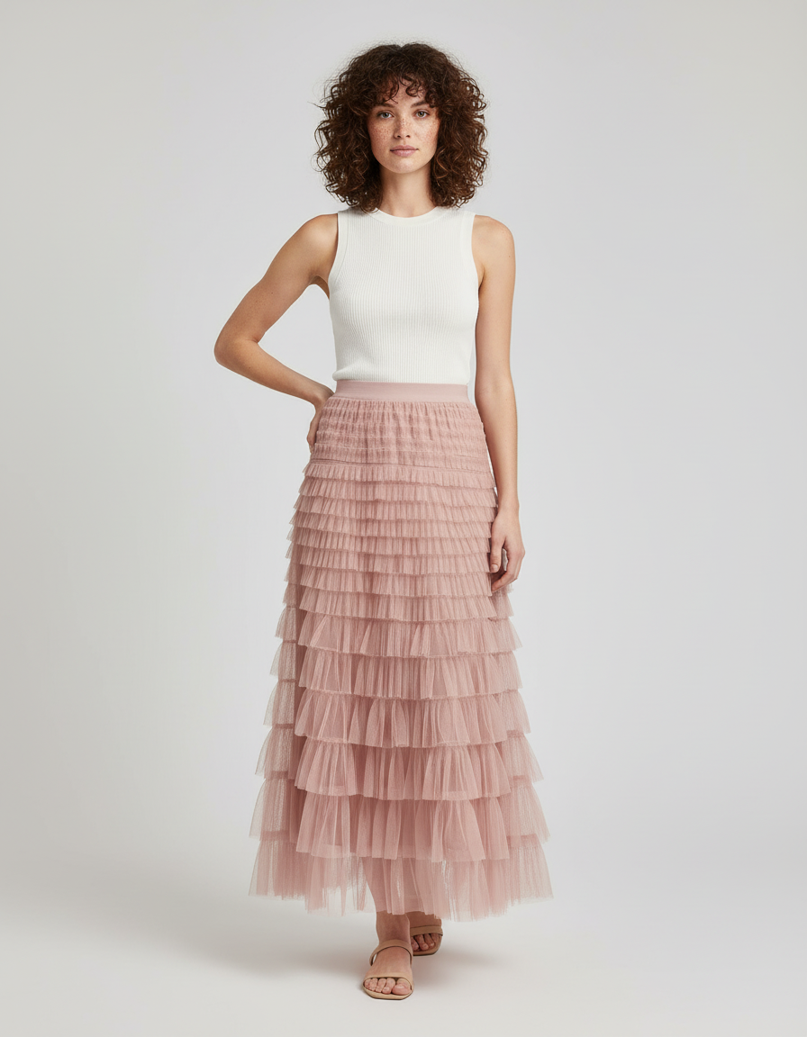 Jupe Longue Rose Poudré Volants Élégante