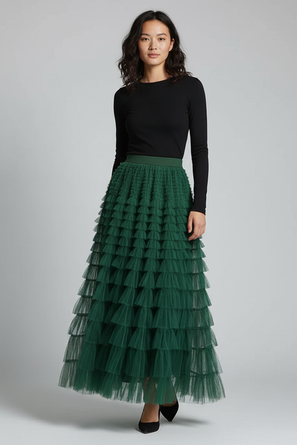 Jupe Longue Verte Volants Élégante