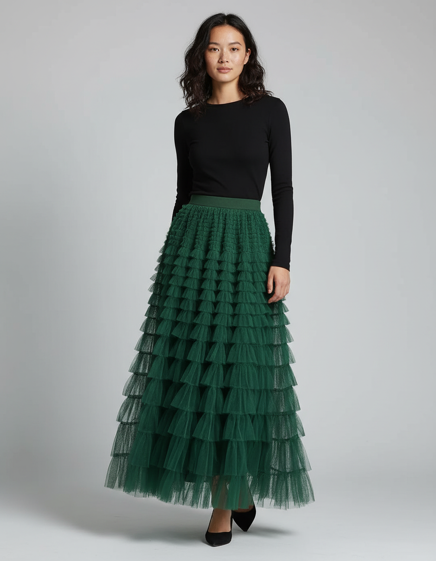 Jupe Longue Verte Volants Élégante