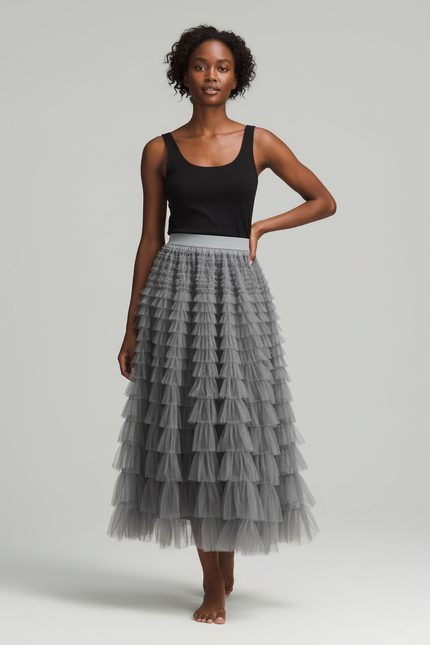 Jupe Longue Tulle Grise Superposée Élégante