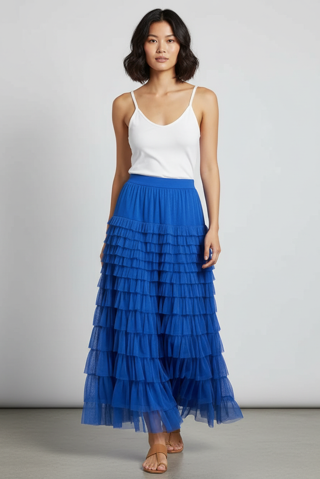 Jupe Longue Bleue Volants Tulle Élégante
