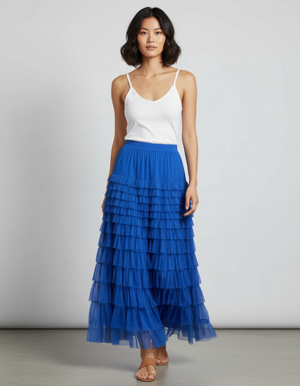 Jupe Longue Bleue Volants Tulle Élégante