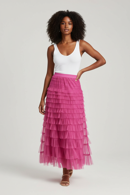 Jupe Longue Rose Fuchsia Volants Élégante